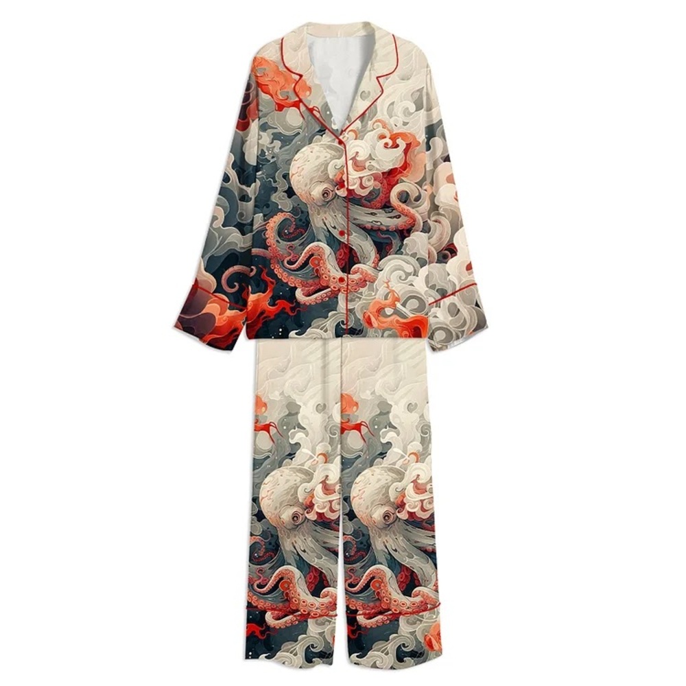 Elegant Octopus Print Pajama Set - Cream and Red